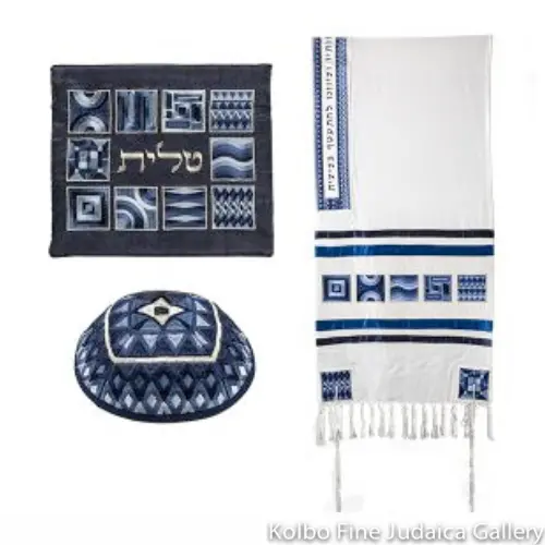 Viscose Tallit Set With Blue Geometric Patterns And Embroidered Accents 1