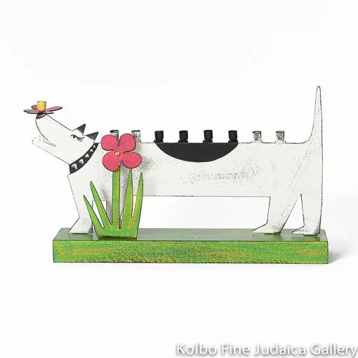 Whimsical Dog-Shaped Menorah — Painted Metal On Solid Wood Base 1