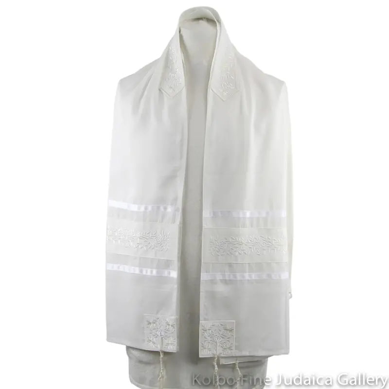 White-On-White Embroidered Vine Tallit Set In Brushed Cotton 1