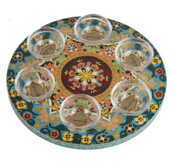 Wooden Seder Plate With Aqua Base, Orange Dots & Yellow Florals – Includes Glass Bowls 1