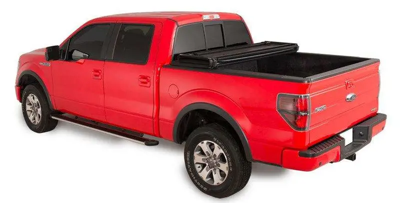 Trailfx Tfx2504 Hard Tri-Fold Truck Bed Cover With Tailgate Lock – Black Vinyl Over Board With Aluminum Rails 1